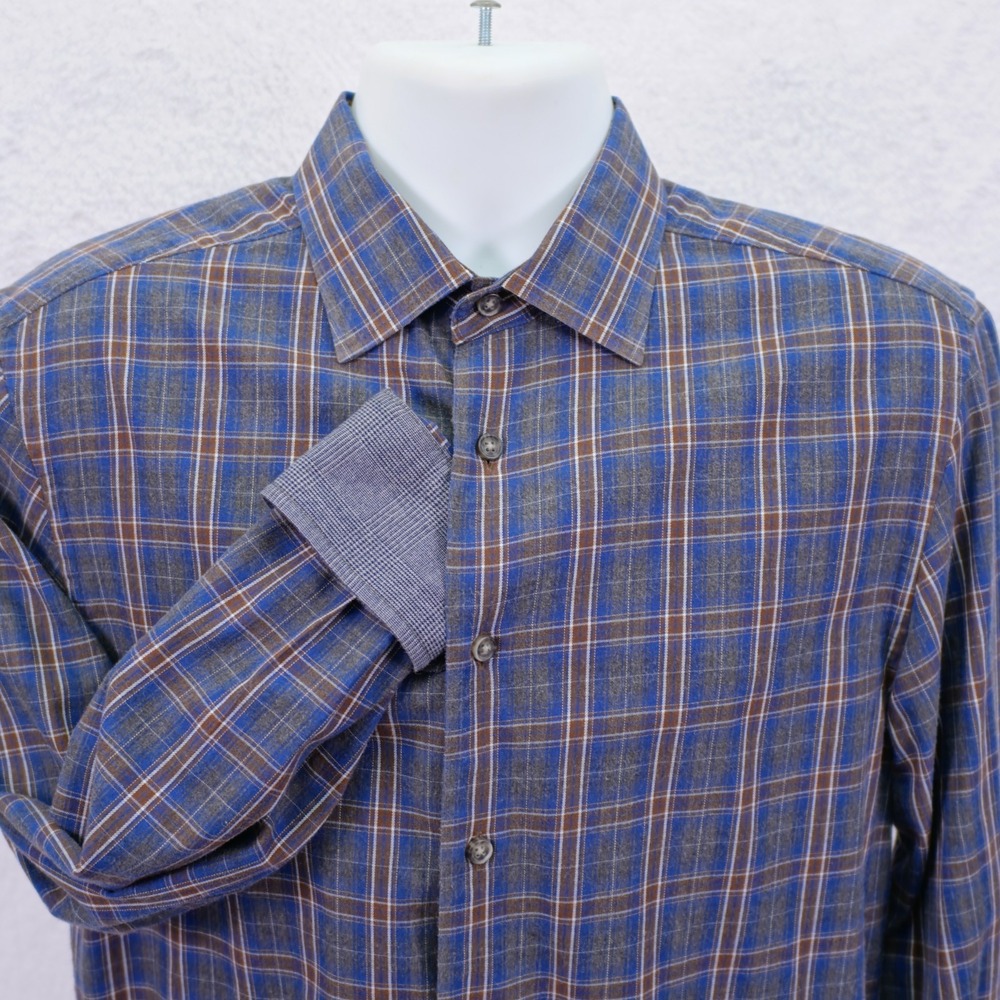 Jos A Bank Reserve -Medium- Blue Brown Plaid Flannel Cotton Cashmere Dress Shirt